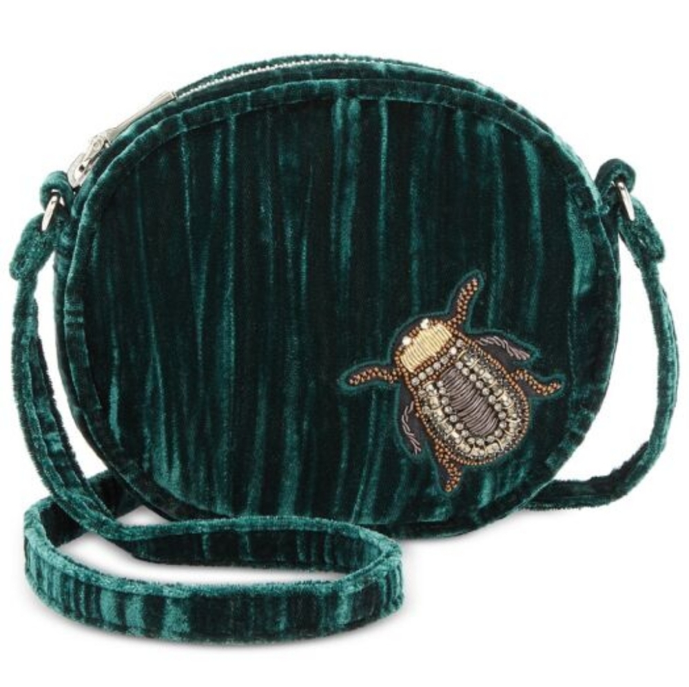 NWOT Steve Madden Bottle Green Velvet Beetle Embellished Mini Crossbody Pouch